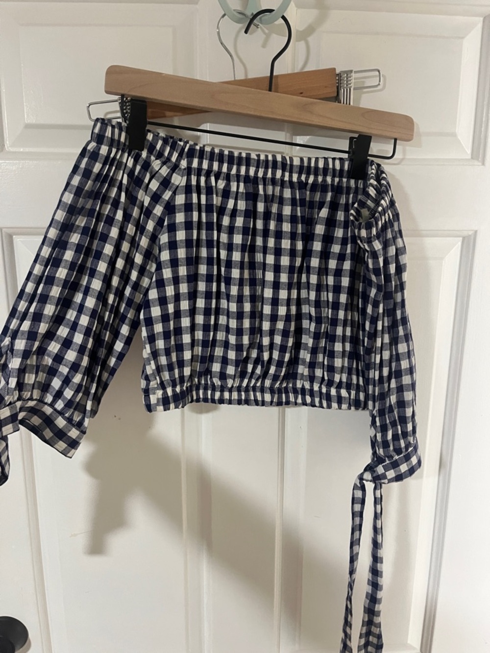 Altar'd State Navy and White Gingham Off-Shoulder Crop Top